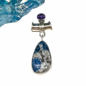 K2 Blue Azurite & Amethyst Necklace Pendant Solid 925 Sterling Silver